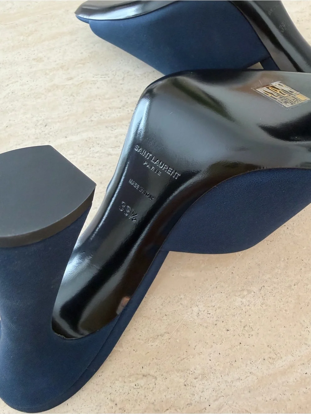 Saint Laurent Navy Open-Toe Mule Heels with Sculpted Heel - Picture 4 of 7